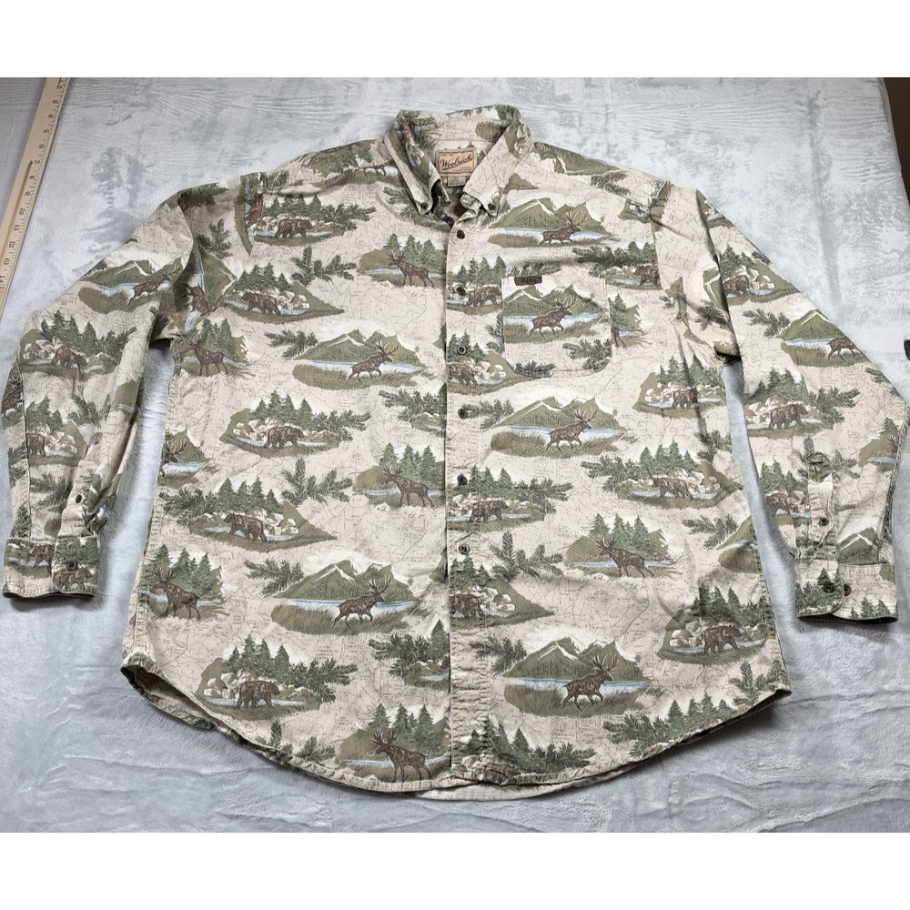 Woolrich Men's 2XL Wildlife Moose Bear Map Print Cotton Shirt